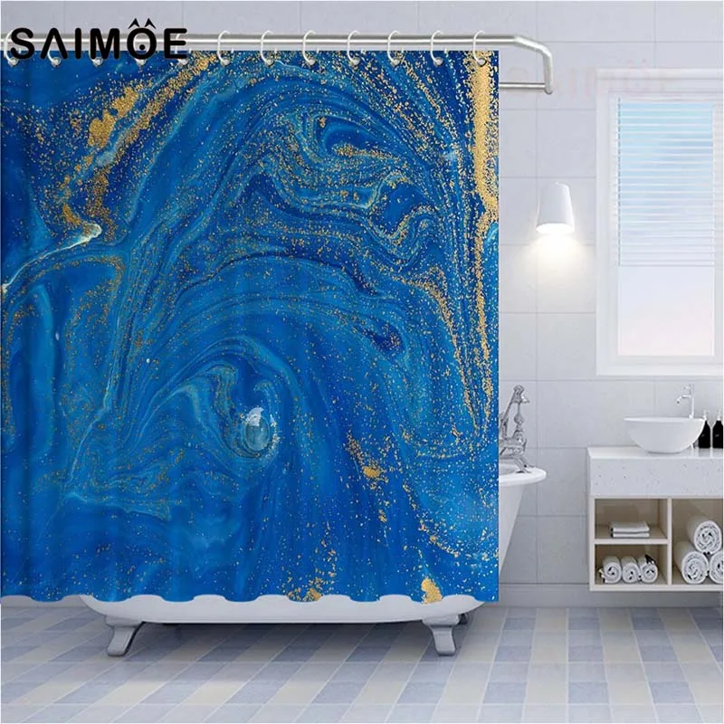SAIMOE Marble Texture Shower Curtains Liquid Golden Bathroom Curtain Blue Stone Abstract Art Home Decor | Дом и сад