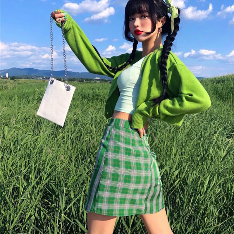 Harajuku Girls Vintage Plaid Mini Skirt Women Punk Fashion High Waist Wrap Skirts Streetwear Retro Old School Style Short | Женская