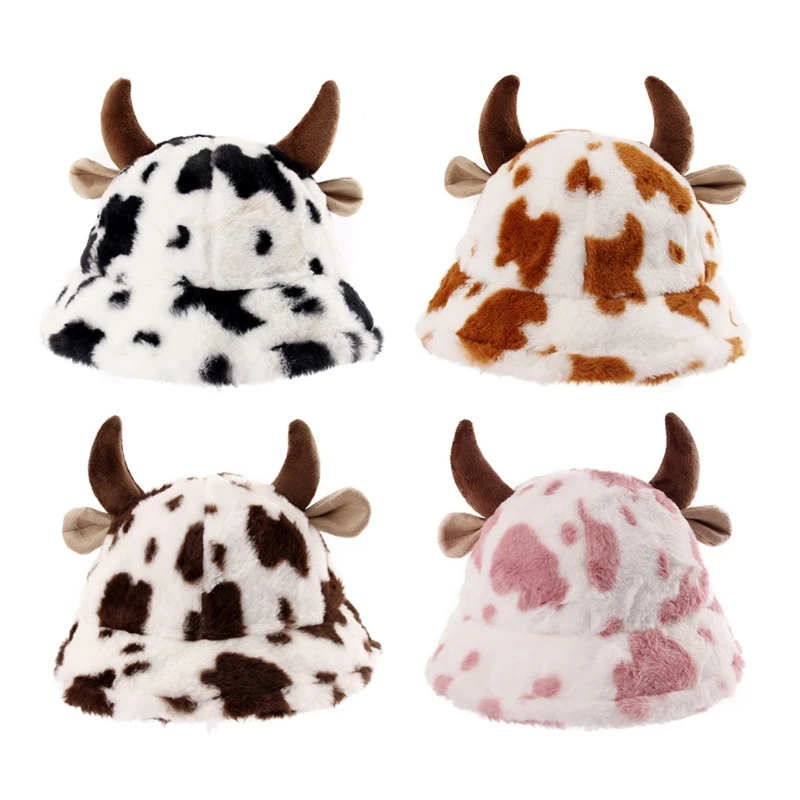 

All-match Cow Pattern Basin Hat Warm Cow Horn Fisherman Hat Soft Fluffy Winter Adult for Xmas Halloween Party Gathering