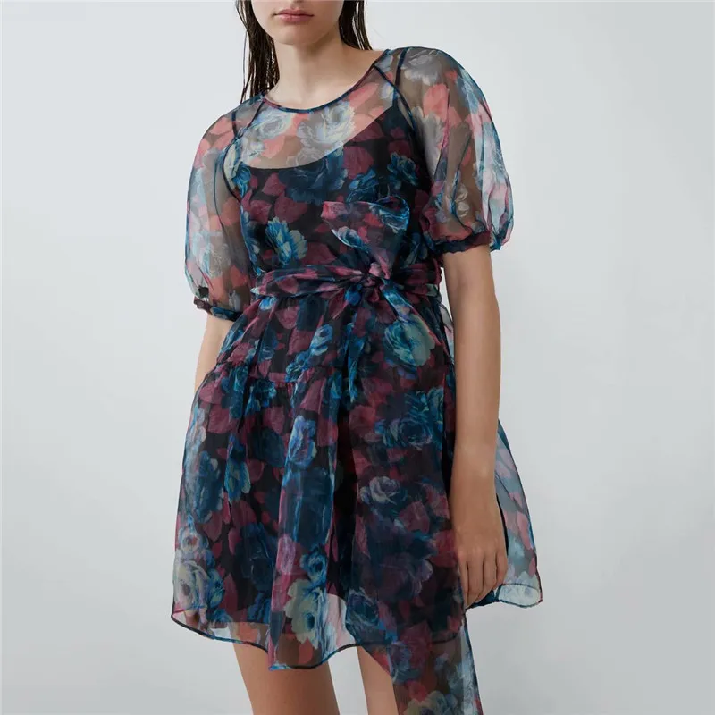 Женская мода 2020 Пышный рукав бант Завязывающийся пояс прозрачные сексуальные