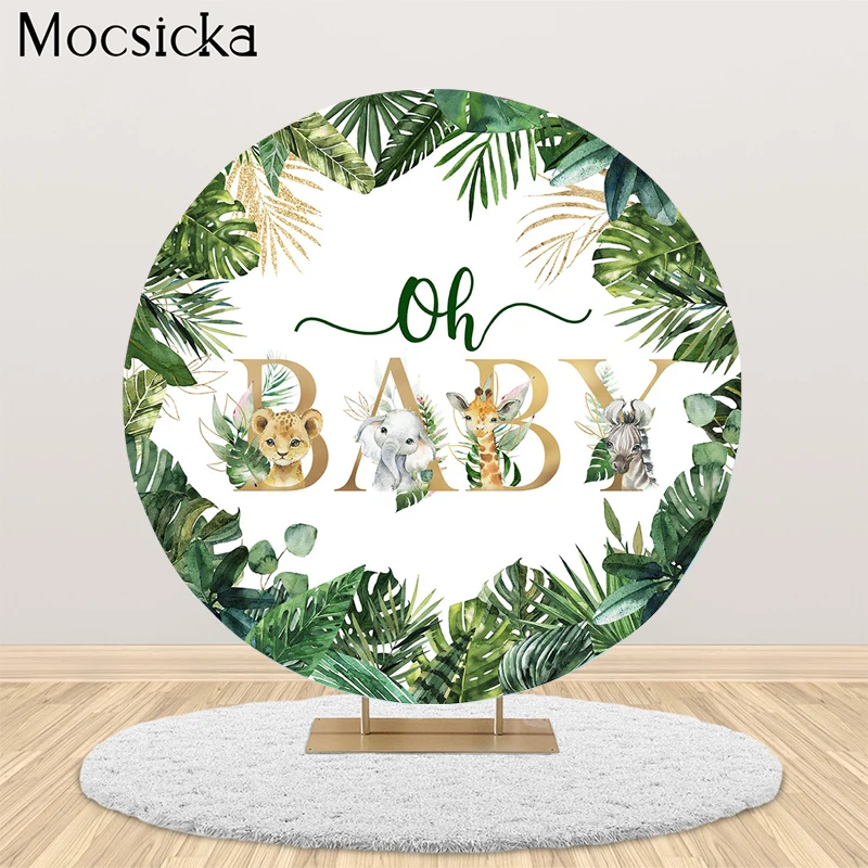 

Oh Baby Boy Birthday Party Round Backdrop Animal Safari Baby Shower Decoration Circle Dessert Table Photography Backgrounds