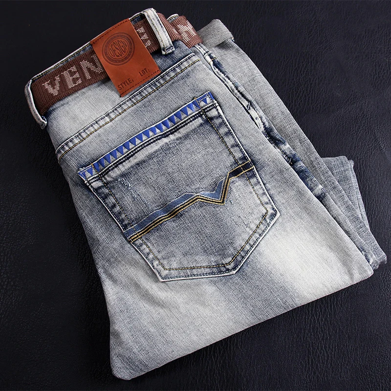 Модные мужские джинсы в Корейском стиле ретро серые синие эластичные узкие рваные джинсы мужские дизайнерские Стрейчевые брюки-карандаш и...
