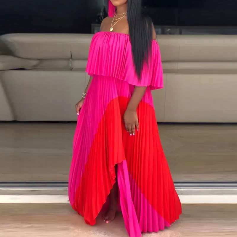 Богемное длинное асимметричное плиссированное платье макси на одно плечо