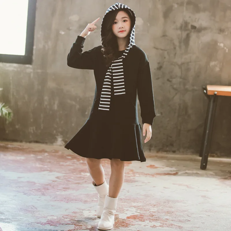 Платье для девочек бархатное зимнее платье с капюшоном костюм синего и черного