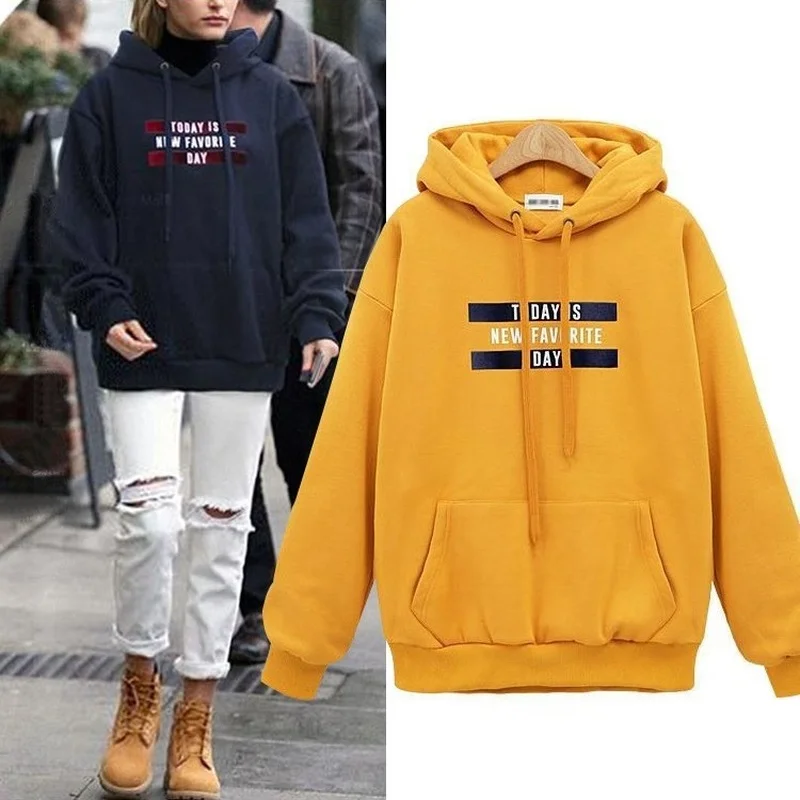 

2021 Autumn &winter Tide Brand Letter Printing Hooded Loose Pullover Sweater Ladies Mid-length Plus Velvet Thick Coat Pullover
