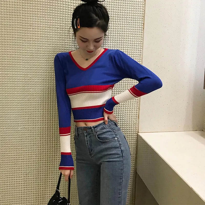 Корейский контрастный цвет сшивание шорты v-образным вырезом Тонкий открытый