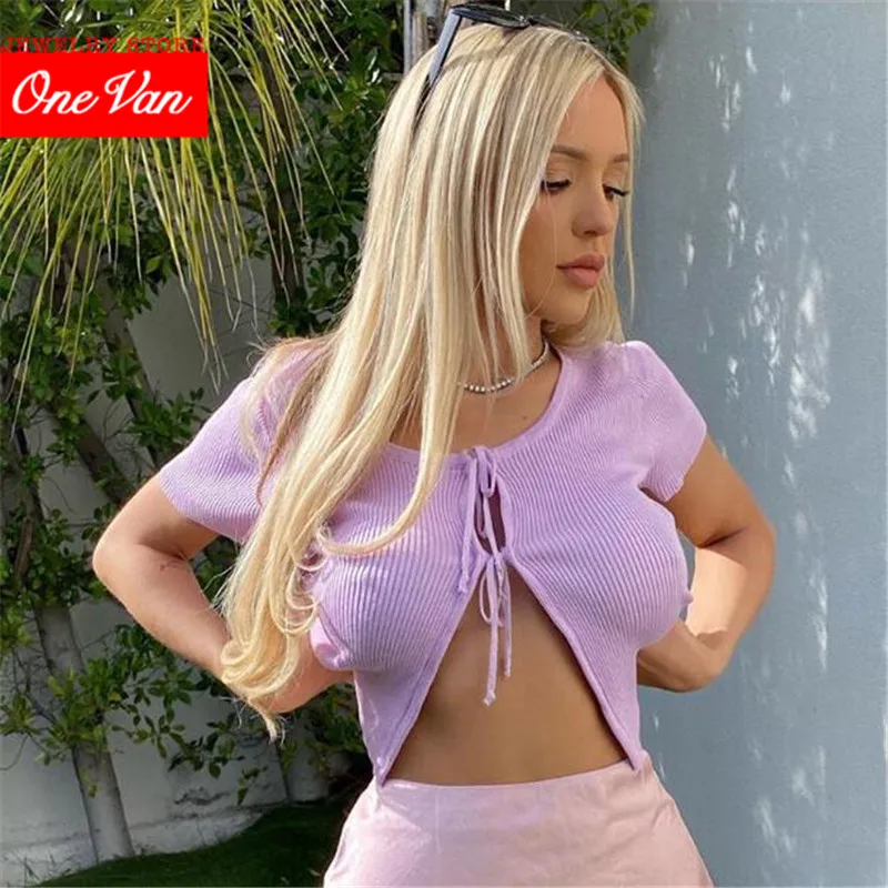 

2020 summer new short sleeve women's blouse Cotton Street sexy open navel cardigan wholesale