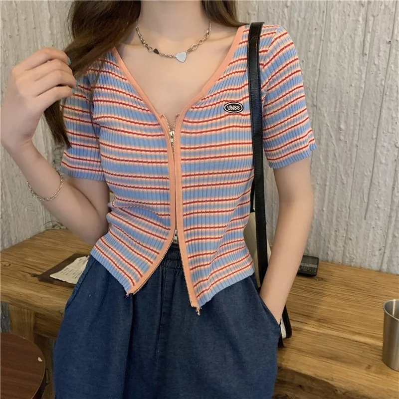 

Striped Short-Sleeved T-shirt Women's Summer Thin V-neck Double Zipper Knitted Cardigan High Waist Sweet and Short Top fafa_ootd