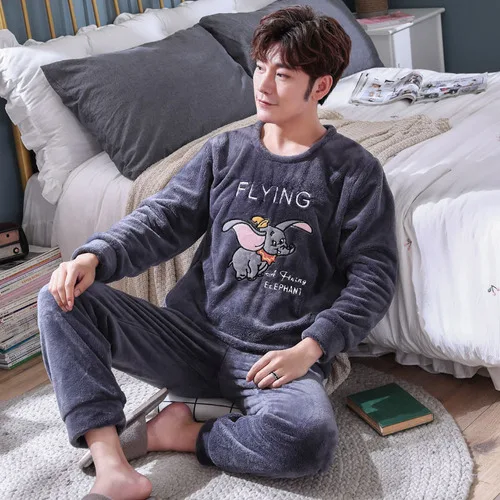 Пижамный комплект мужской фланелевый с длинным рукавом одежда для сна принтом