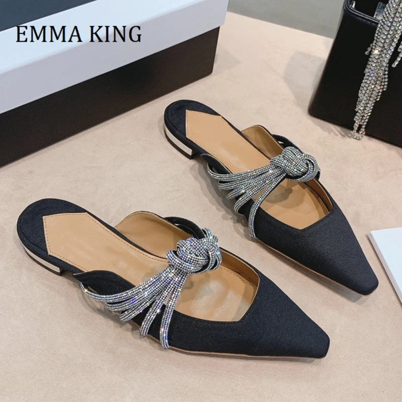 

Spring Summer Women Mules Elegant Crystal Knotted Straps Low Heel Mules Pointed Toe Slip-On Slides Party Dress Shoes Woman 2021
