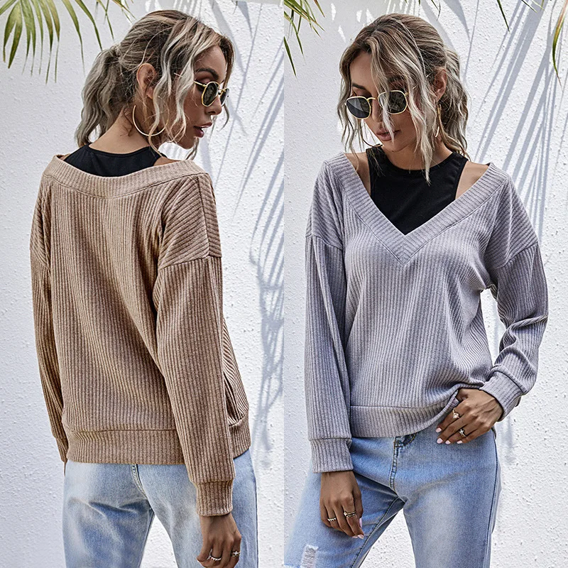 

Autumn new fashion style fake 2 piece set Sexy women winter sweater 2020 knit sweaters solid colors Khaki and Gray V-neck tops