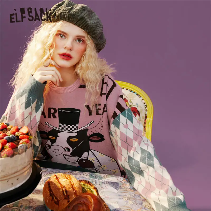 ELFSACK Fox Jacquard Argyle Casual Pullover Knit Sweaters Women,2020 Winter ELF Vintage Korean Ladies Daily Soft Graphic Tops