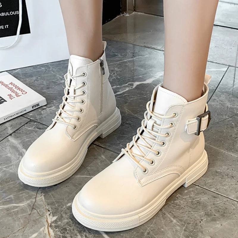 

Женские ботинки на низком каблуке, однотонные кожаные ботинки с круглым носком и молнией сбоку, на плоской подошве, осень 2021