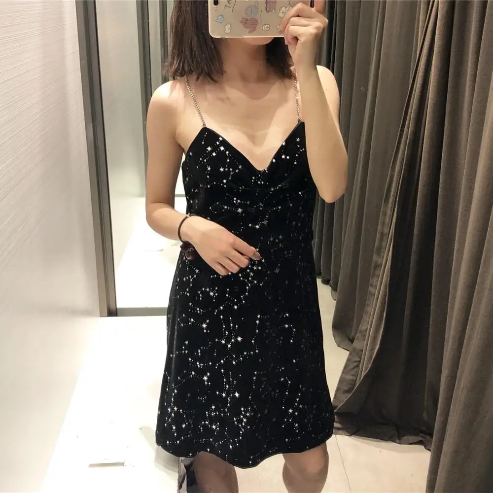 black dress MUMUZI зимние вечерние платье сексуальное для ночного клуба v-образный вырез спагетти Бархат блесток платья bling Сплит короткие платья женские vestidos - Цвет: black dress