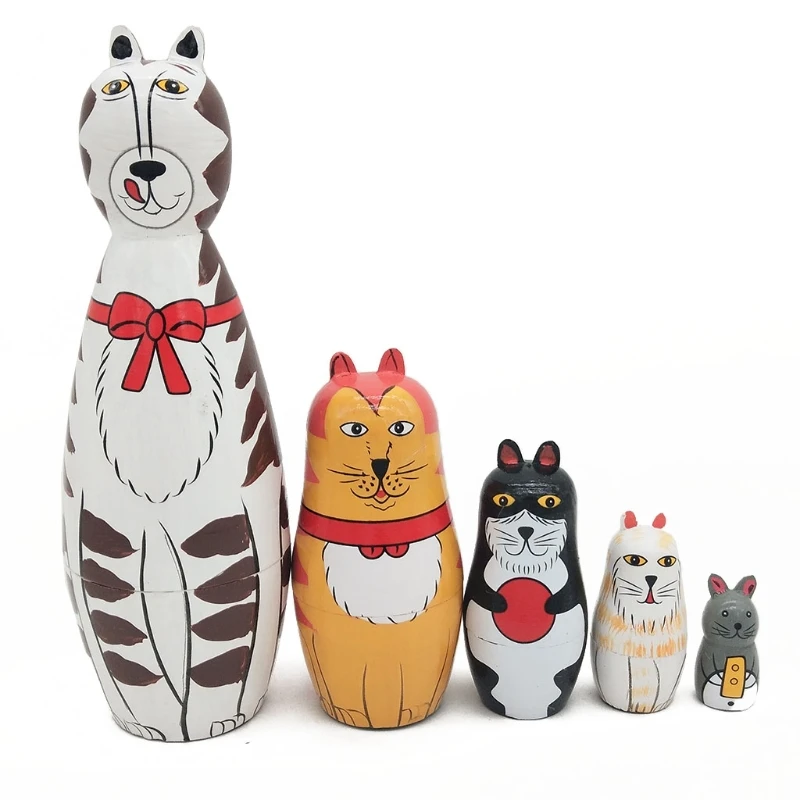 

U90B Kids Brain Training Wooden Matryoshka Portable Toys Long Neck Cats