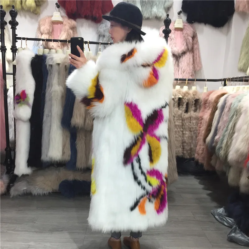 Женская длинная Шуба с капюшоном Длинная вязаная шуба из натурального Лисьего