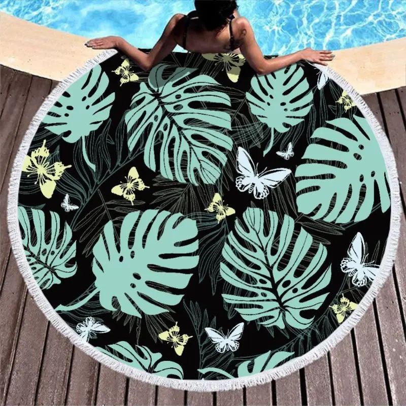 

Palm Leaves Microfiber Beach Towel Roundie Blanket with Tassel for Beach & Pool plant white 59 inch