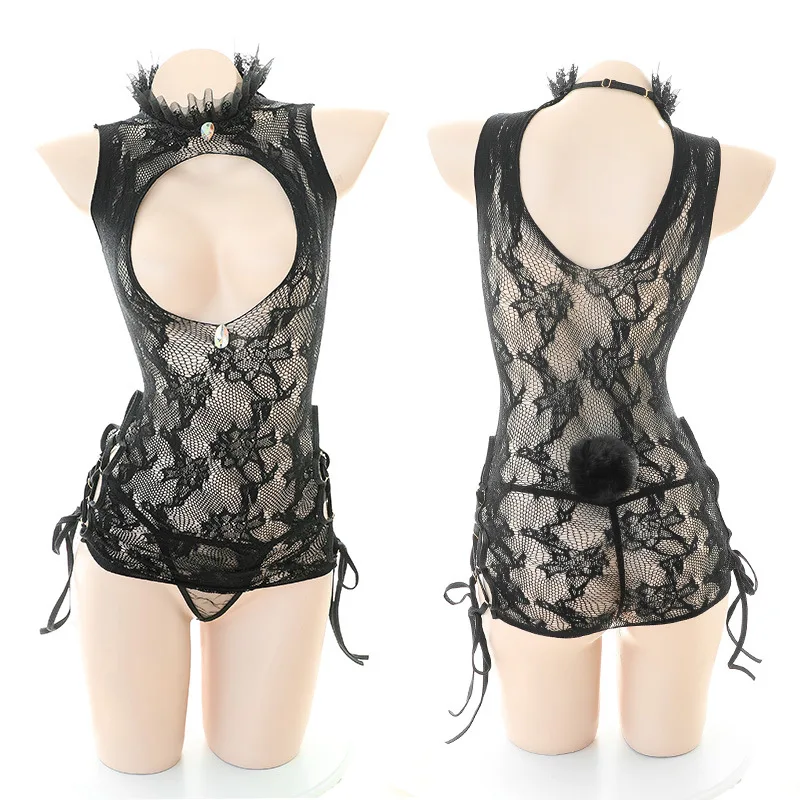 

Open Chest Temptation Retro Lace Side Strap Bodysuit With Flower Pattern Erotic Lingerie Stretch Mesh Body Stockings New