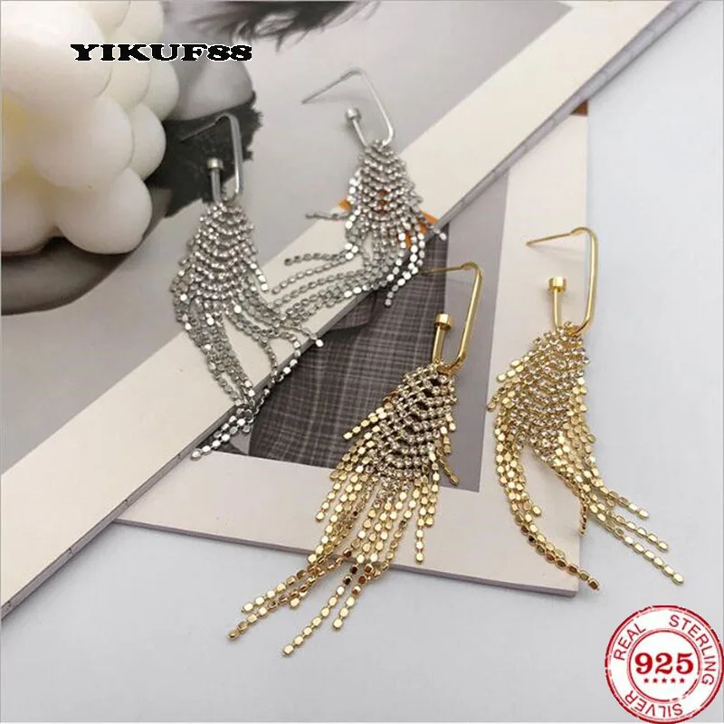 

YIKUF88 S925 Sterling Silver Needle Women tassel earrings female diamond full diamond exaggerated nightclub tide zircon earrings