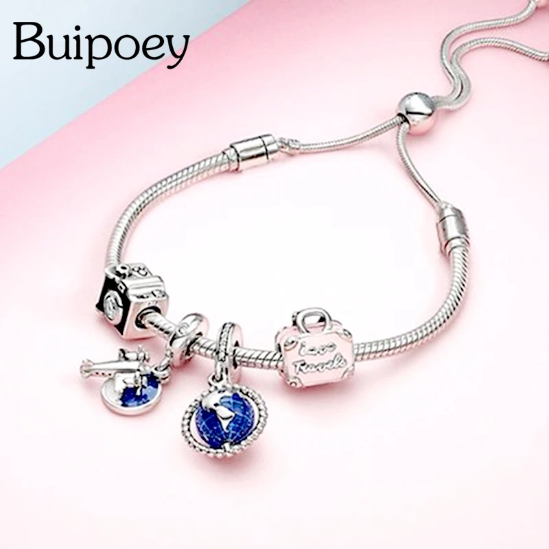 Buipoey New Airplane Earth Charm Bracelets & Bangles Original  Fashion Fine Silver Color Travel Camera Beaded Bracelet Jewelry