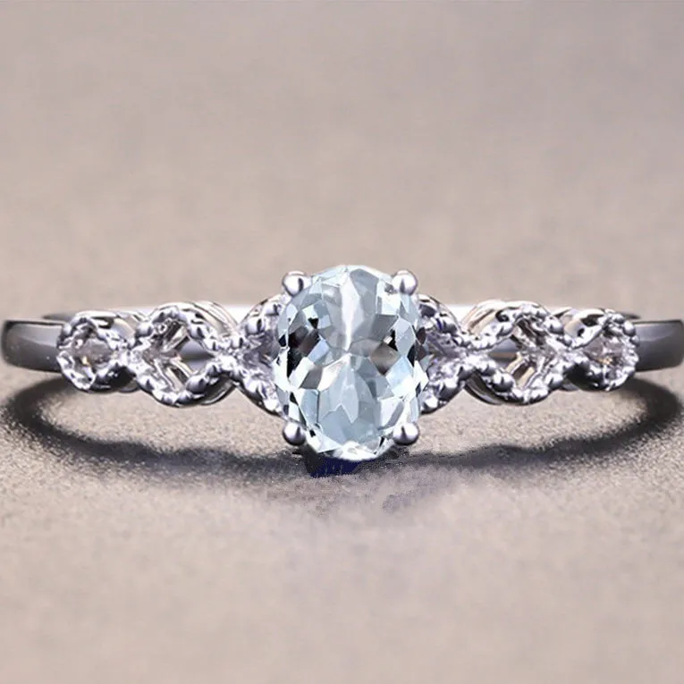 Solid 10k White Gold 5x7mm Oval Natural Aquamarine Engagment Wedding Ring for Women Fine Jewelry Classic Millgrain |