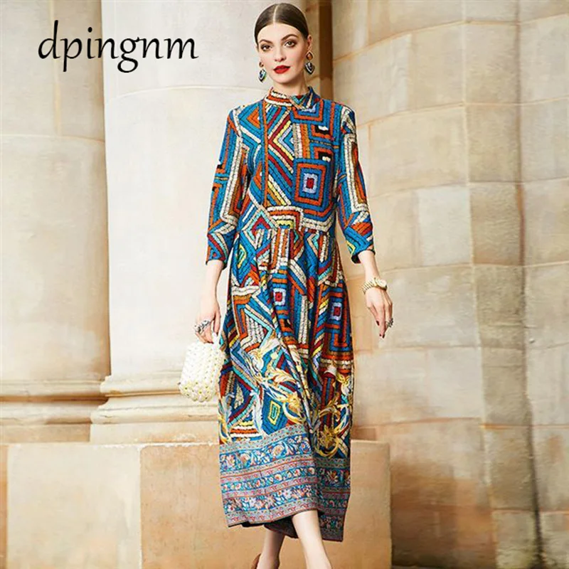 

2020 Autumn new dress retro high-end printing large size dress waist is thin, versatile long A-line skirt