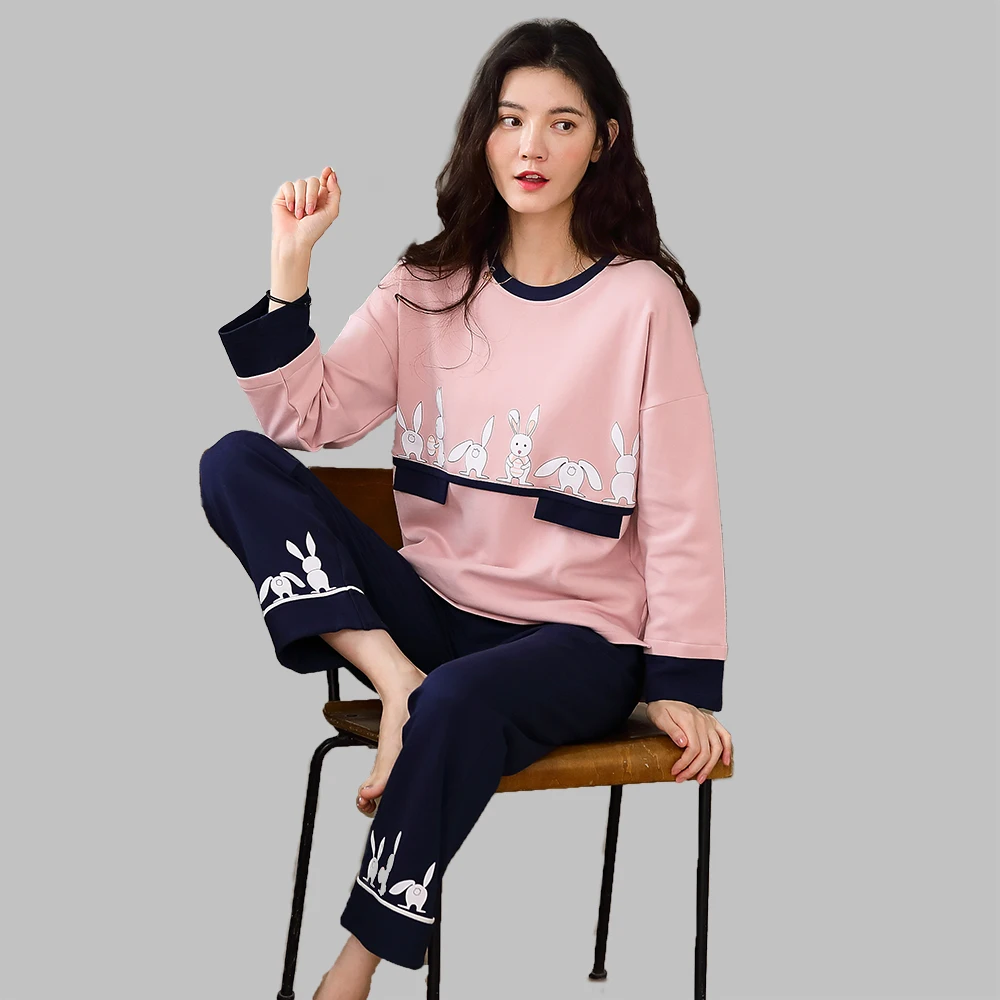 

Женская Хлопковая пижама с принтом кролика, мягкая одежда для сна с длинным рукавом, простая повседневная Пижама, Женская домашняя одежда н...