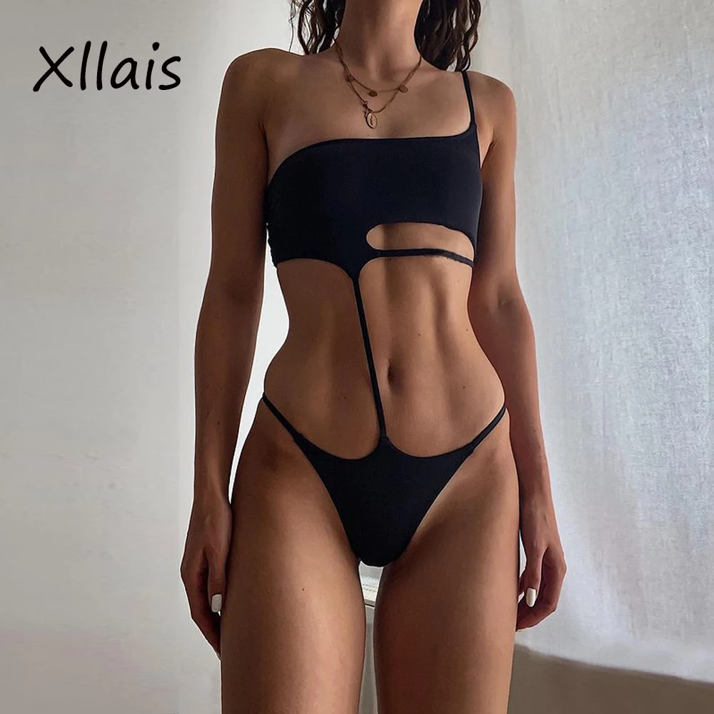 

XLLAIS 2021 черный купальник с открытой спиной Цельный купальник бикини с вырезами цепочка сексуальное тело женский купальный костюм однотонны...