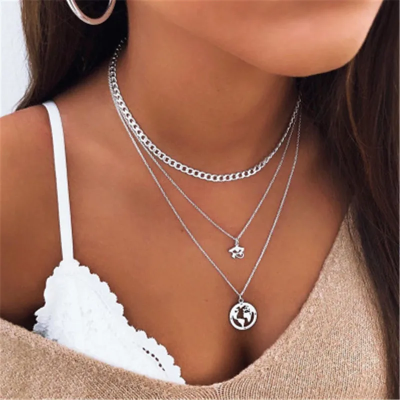 

Vintage Moon Map Pendant Necklaces Long Chain Collier Femme Crystal Collares Multilayer Necklace for Women