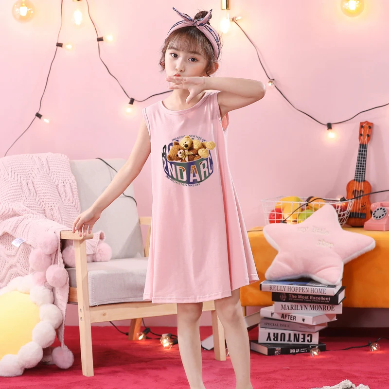 

Summer Cotton Nightdress For Girls Short Sleeve Sleep Wear Children's Pajamas Youth Students Nightgowns Teen Family Outfits Wear