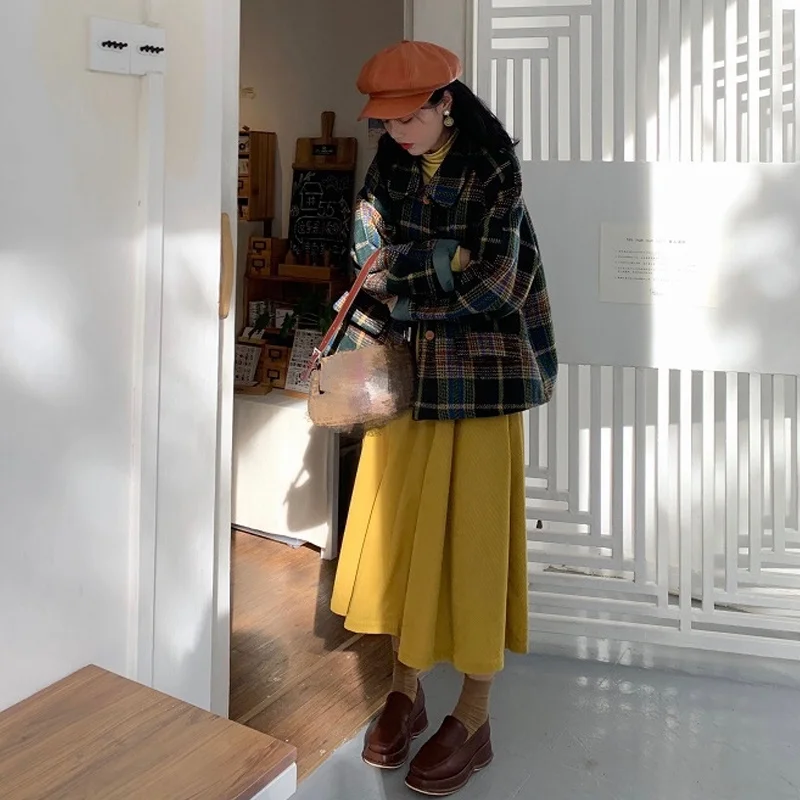 Клетчатое твидовое пальто женская одежда на весну и осень зиму новинка 2021