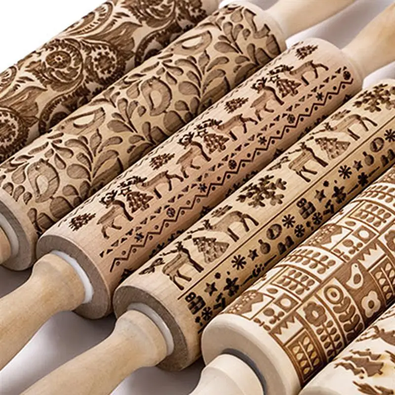 

Christmas Baking Deer Wooden Rolling Pin Embossing Baking Cookies Noodle Biscuit Fondant Cake Dough Patterned Roller Snowflake