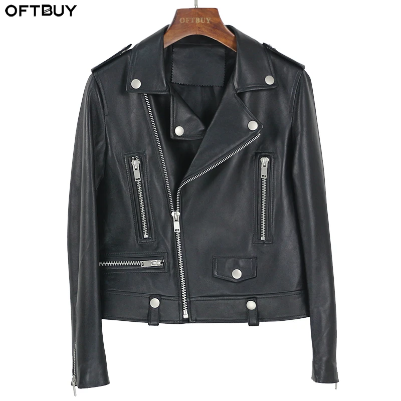 Женская байкерская куртка OFTBUY мотоциклетная из натуральной овечьей кожи с