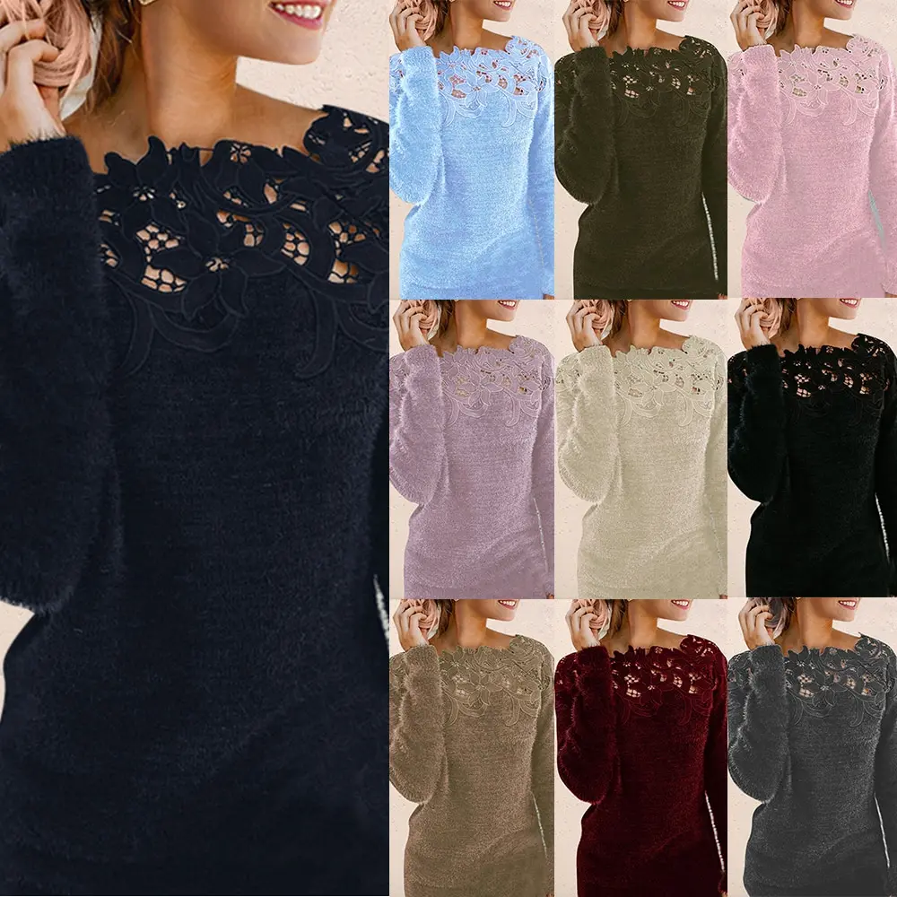 

Women's Autumn Winter Long-sleeved Lace Sweater Solid O-neck Sexy Knitted Sweater Women Large Size Pullovers