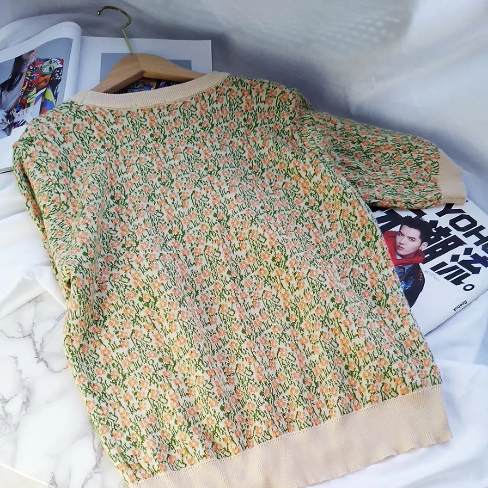 Винтажный Boho Цветочный вязаный Свободный корейский японский женский милый Тройник Футболка Весна Осень футболка каваи мода трикотаж Лето