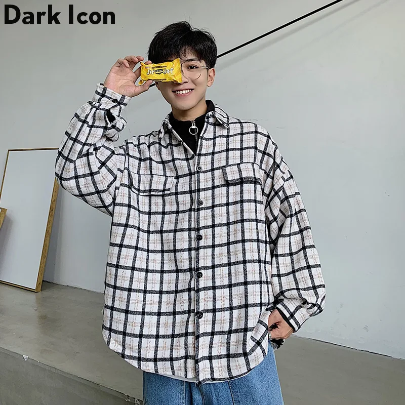 Темно-икона флисовые клетчатые уличные рубашки для мужчин рукав-фонарик новинка