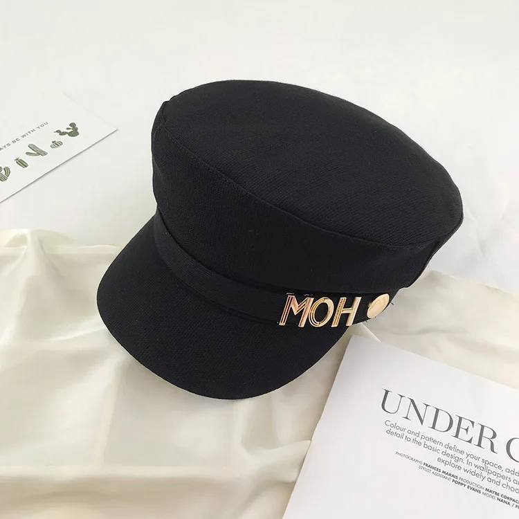 

Korean Popular Light Board Solid Color Student Casual Flat Top Navy Hat Metal Letter Buckle Fashion Net Red Hat