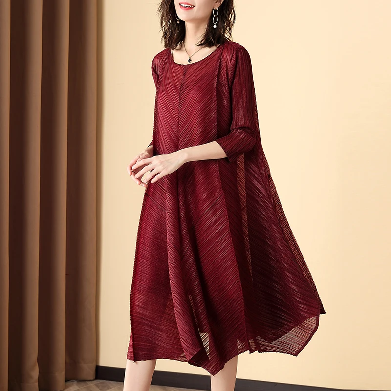 

Женское плиссированное платье Miyake, однотонное повседневное свободное платье с круглым вырезом, рукавом размера плюс, весна-лето, 45-75 кг, 2020