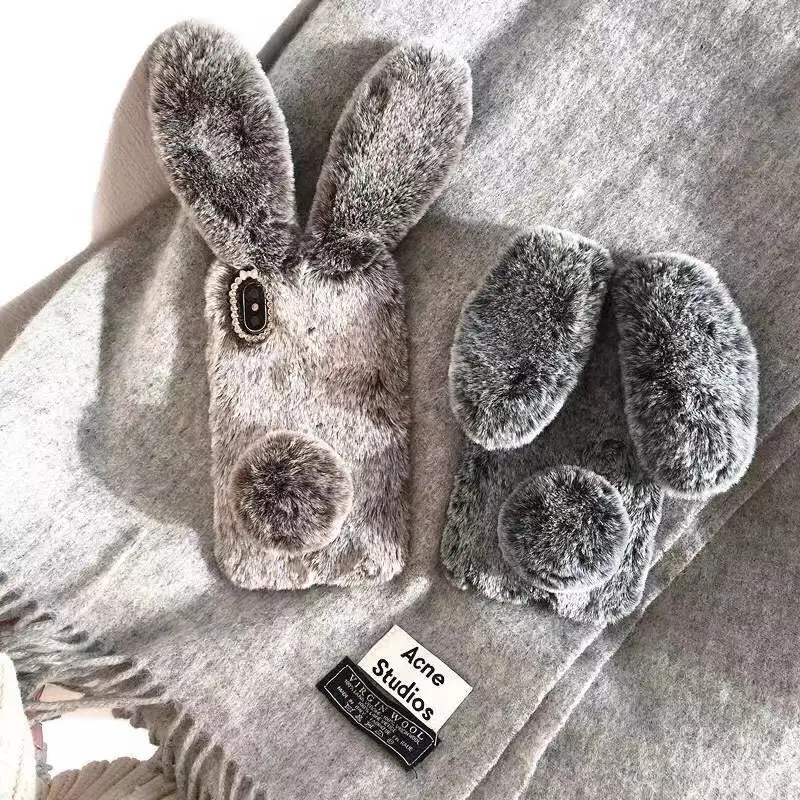 For iPhone 7 8 Xr phone case 3D Cute Rabbit Hairy Warm Fur Cover for 5S 6S Xs 12 11 Pro Max Bling Rhinestone Plush Bunny | Мобильные