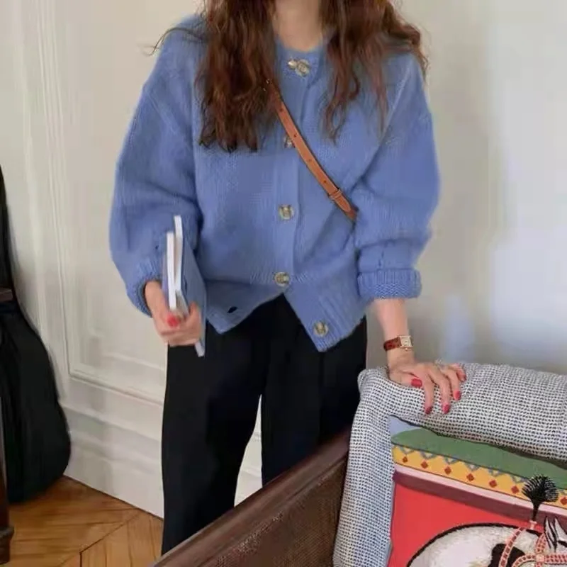 

Мягкий молочно-синий свитер пальто женское короткое весна и осень Стиль без одежды Jum