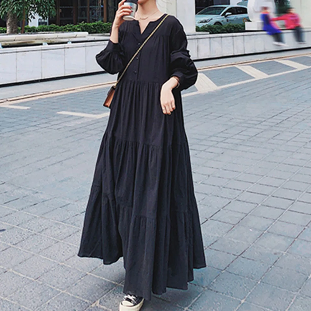 

Ankle-Length Long Sleeve Casual Women's Dress V-neck Loose Casual Japanese and Korean Style Pure Color Autumn Ladies' Clothing