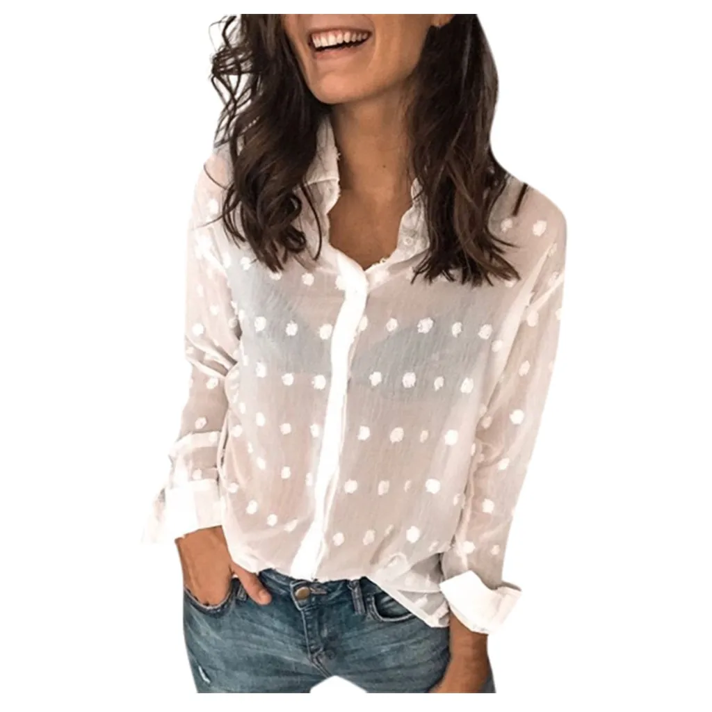 Сексуальные женские шифоновые топы блузки 2019 элегантные чистый горошек длинный