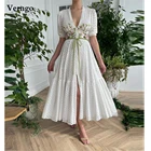Винтажное кружевное свадебное платье Verngo цвета слоновой кости, с аппликацией, V-образным вырезом, рукавом до локтя, передним разрезом и длиной до щиколотки, наряды для невествечерние