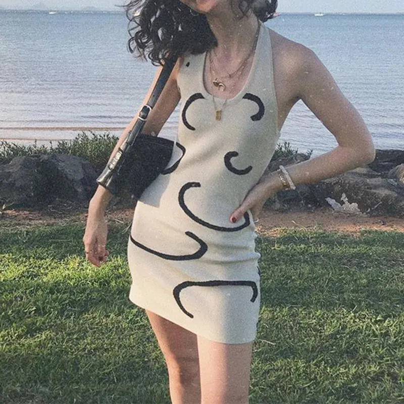 

Mesh Mini Dress Halter Halter White Print Sleeveless Summer Beach Sexy Dress