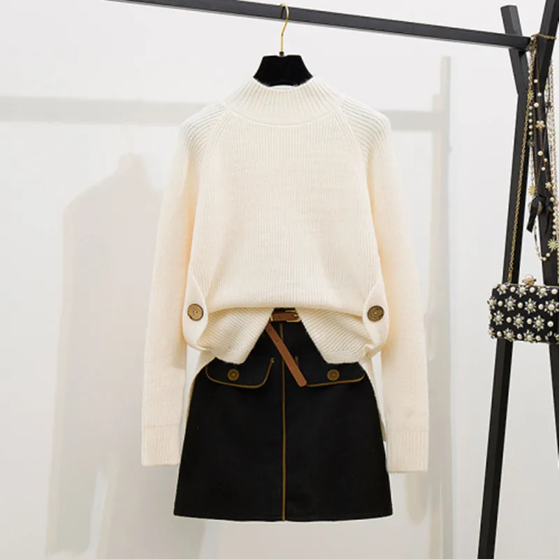 Женский вязаный комплект из 2 предметов пуловер с высоким воротником и шерстяная