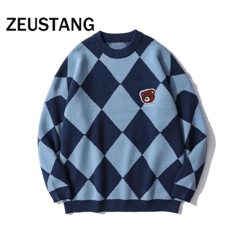Zeustang модные свитера Harajuku уличная одежда клетчатый свитер хип-хоп Свободная верхняя одежда повседневная мужская Верхняя одежда Топы