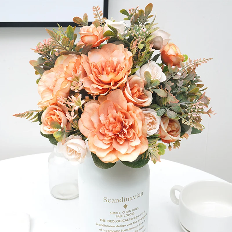 

Beautiful Autumn Orange Artificial Peony Flowers Silk Rose Fake Plants Accessories Faux Grass Wedding Party Home Fall Decoration