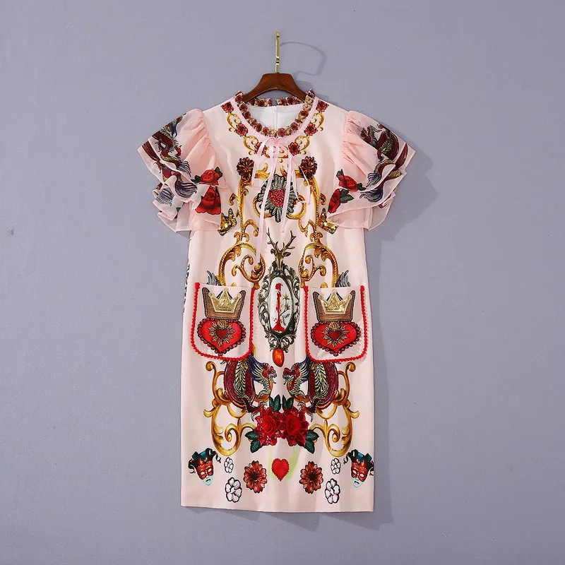European and American women's wear 2020 summer new style  Short-sleeved palace print  Fashionable embroidered beaded dress