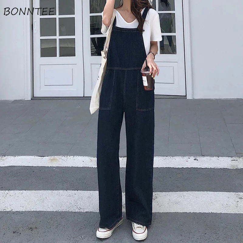 

Women Jumpsuits Wide Leg Simple Button Loose Boyfriend Ulzzang Chic All-match Solid Dark Blue Retro Females Preppy Young Spring