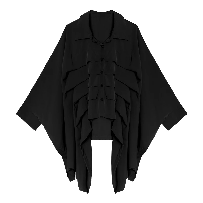

XITAO Wrinkles Asymmetrical Blouse Women 2021 Tide Fashion New Style Long Batwing Sleeve Turn Down Collar Personality ZYQ4287